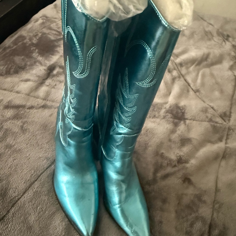 Fashion Nova Metallic Teal Heeled Boots